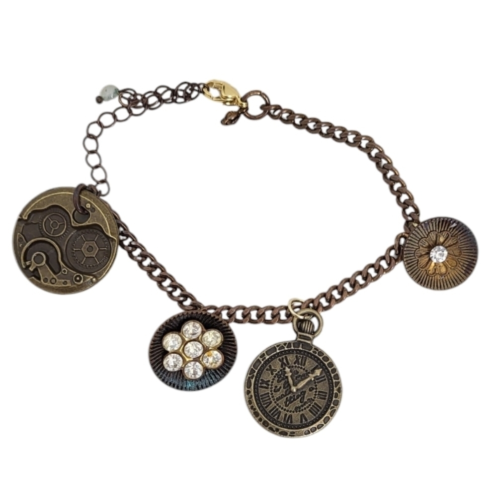 Upcycled Bronze Steampunk Clock Clear Crystal Saucer Bracelet